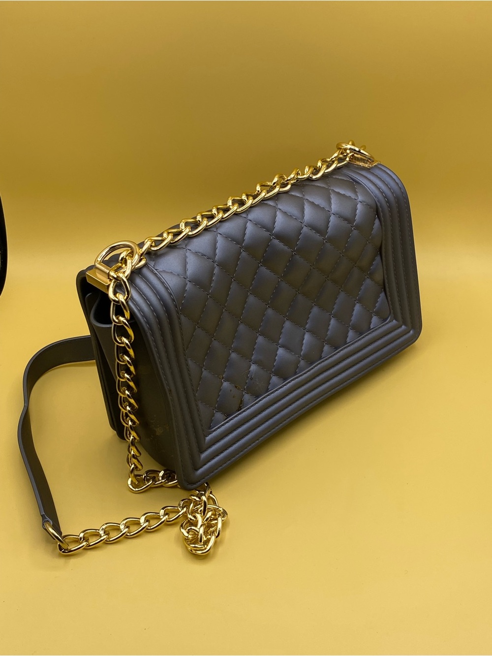 Quilted Chain-Accent Shoulder Bag in Gray with Gold Hardware - Picture 3 of 4